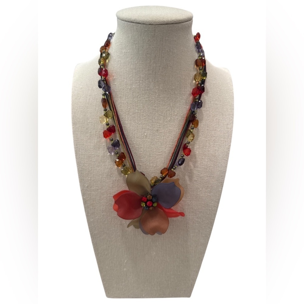 Colorful Lucite Flower Necklace & Earrings Set 19”